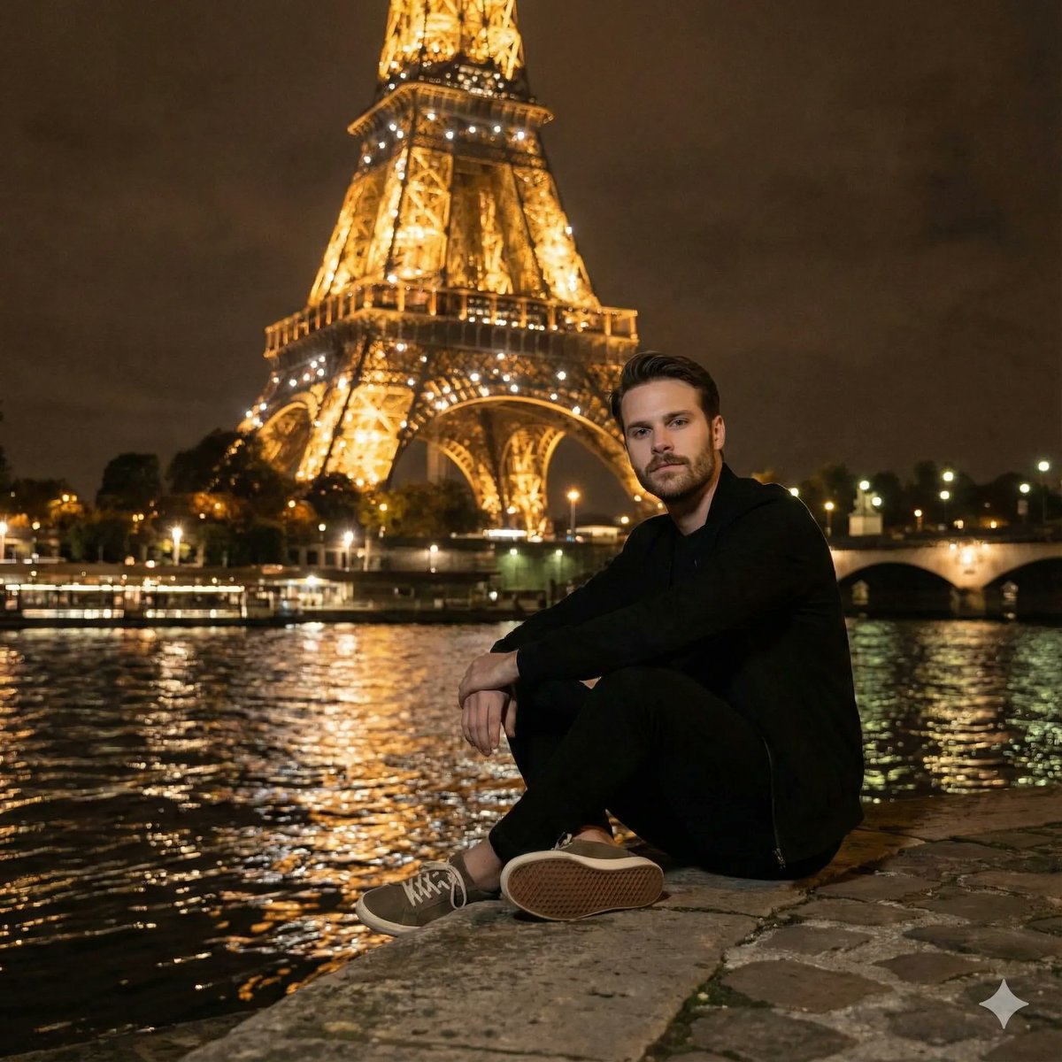 Man in Paris with Eiffel Tower at Night | Photorealistic Portrait Nano Banana提示词