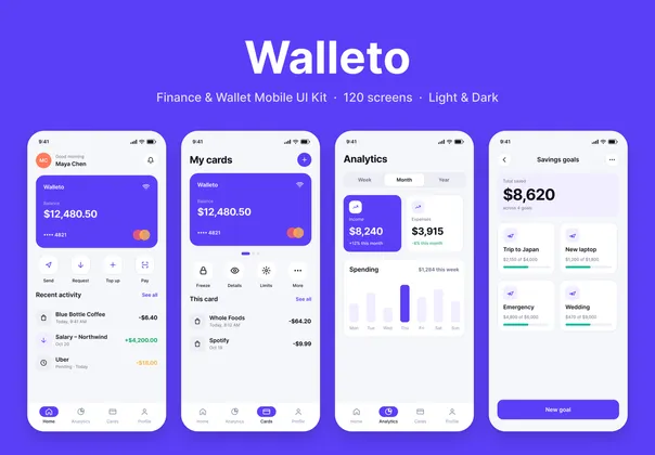 金融钱包App UI套件（Figma），Walleto – Finance & Wallet Mobile UI Kit