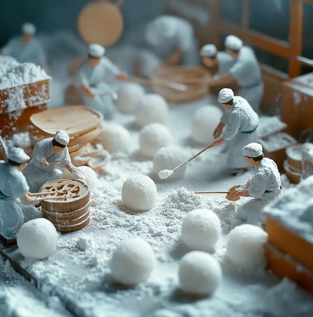 Miniature Mochi Production Scene Midjourney提示词