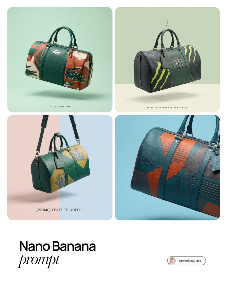 Luxury Leather Duffle Bags | Brand Collaboration Product Renders Nano Banana提示词