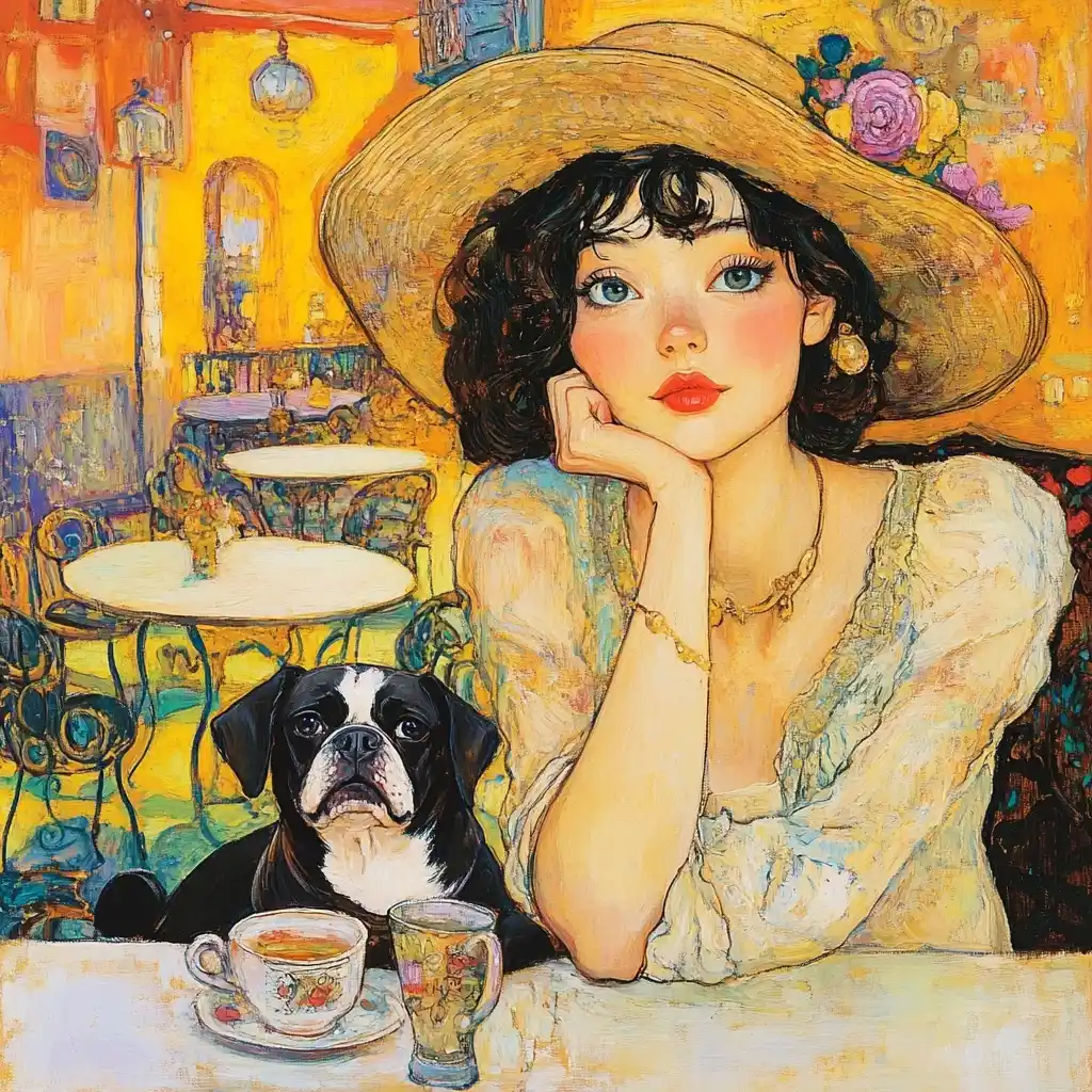 Klimt Girl with Pug Midjourney提示词