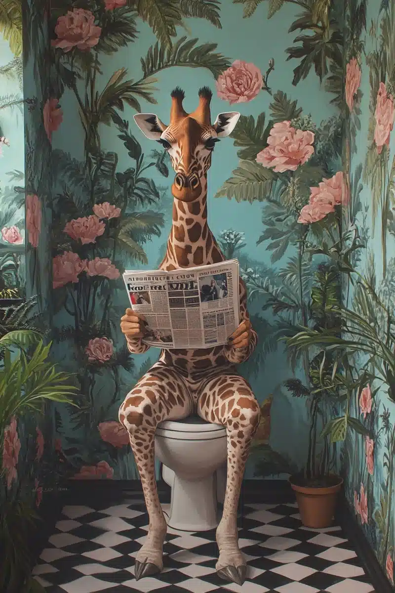 Hyperrealistic Giraffe in Bathroom Midjourney提示词