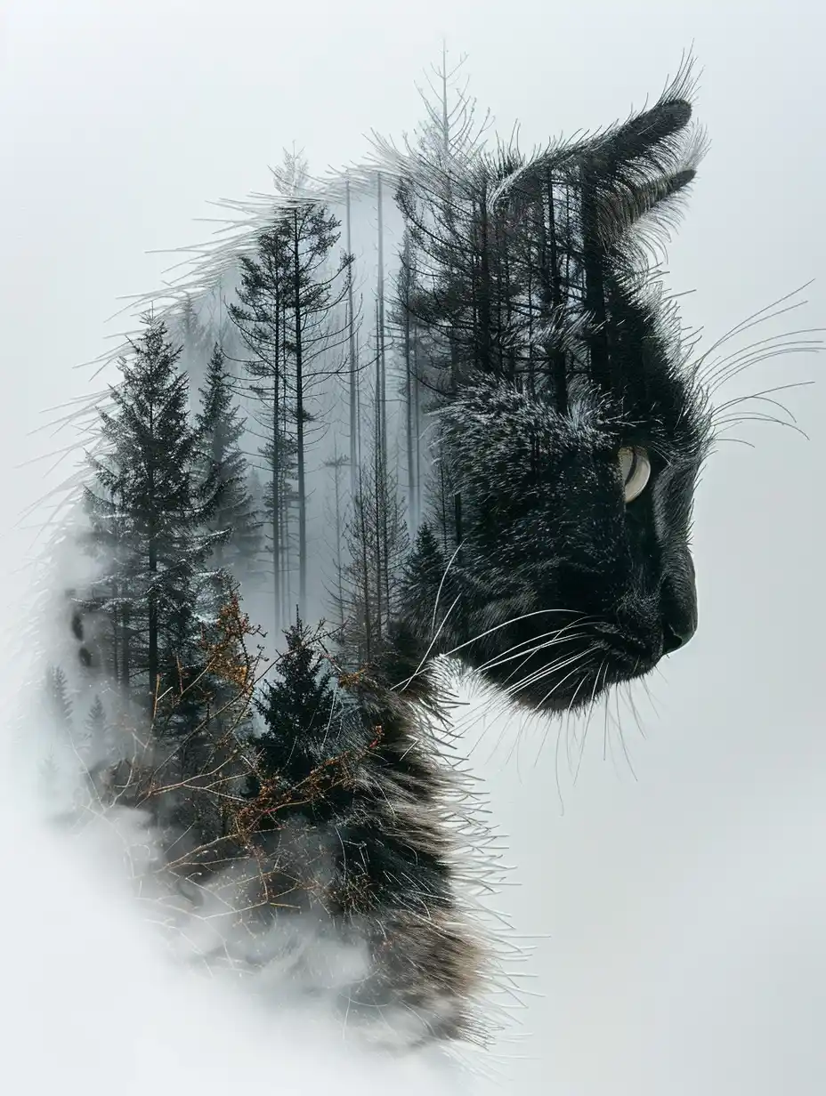 Paper Cat Forest Double Exposure Midjourney提示词