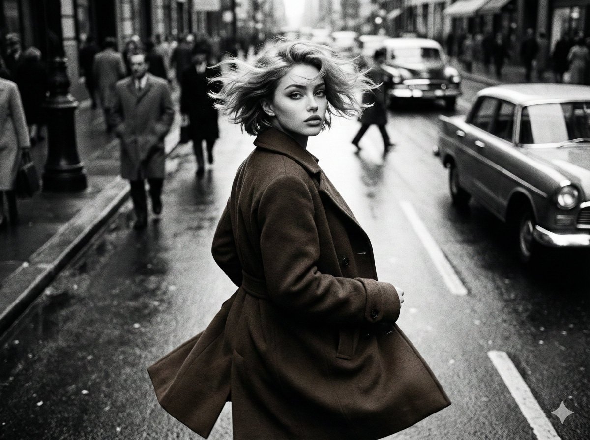 Stylish Woman in Coat, Wet City Street, Black and White Photo Nano Banana提示词
