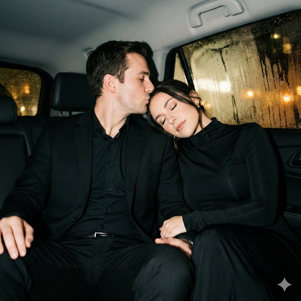 Romantic Couple in Car: Affectionate Kiss, Rainy Night Photo Nano Banana提示词