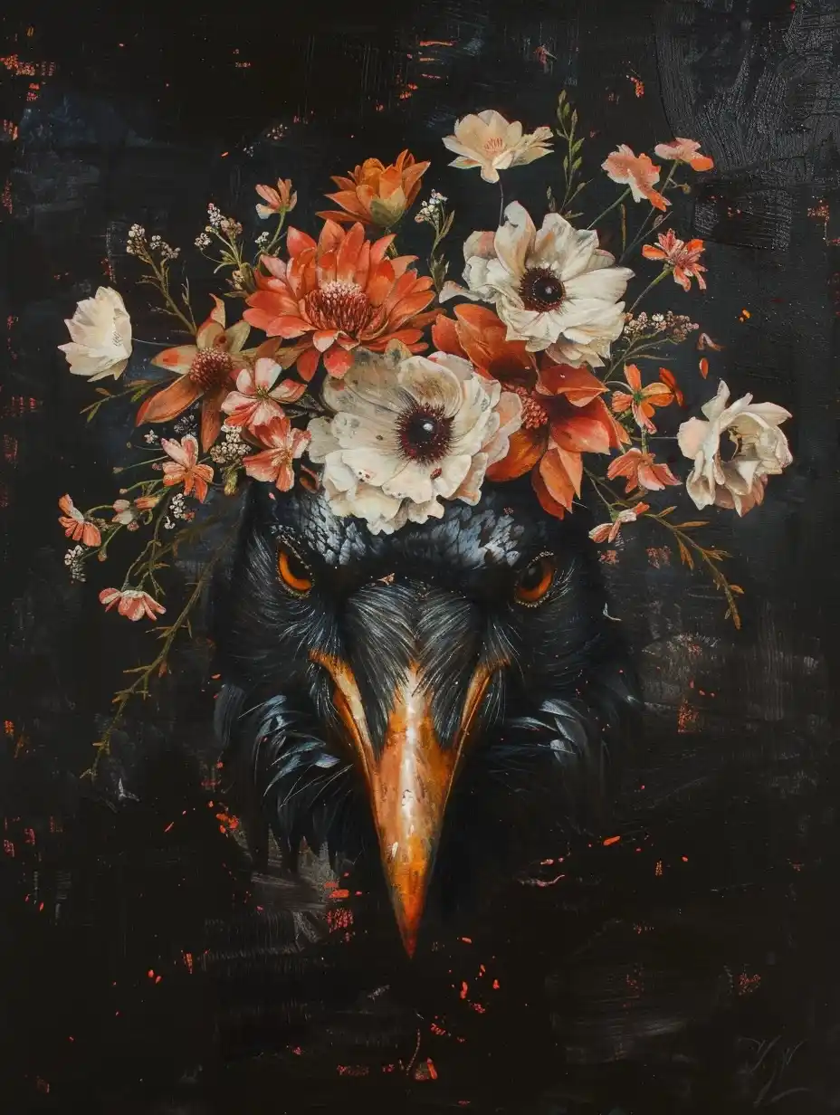 Floral Raven Skull Oil Midjourney提示词