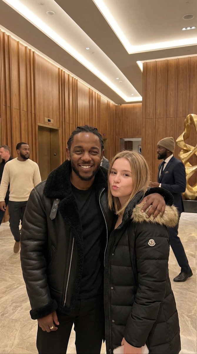 Kendrick Lamar & Fan Portrait: Cheerful Hotel Lobby Photo Nano Banana提示词