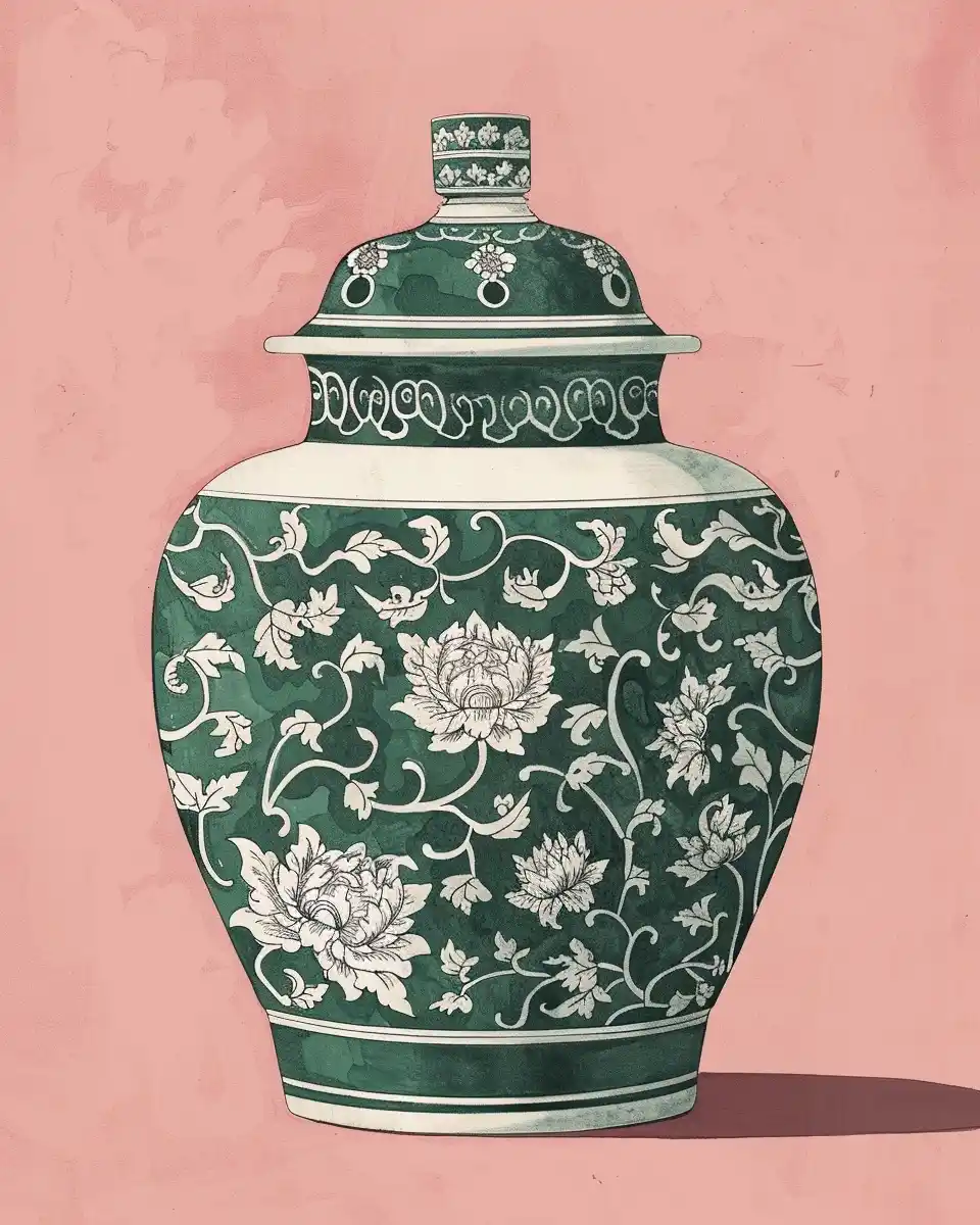 Porcelain Jar in Gouache Midjourney提示词