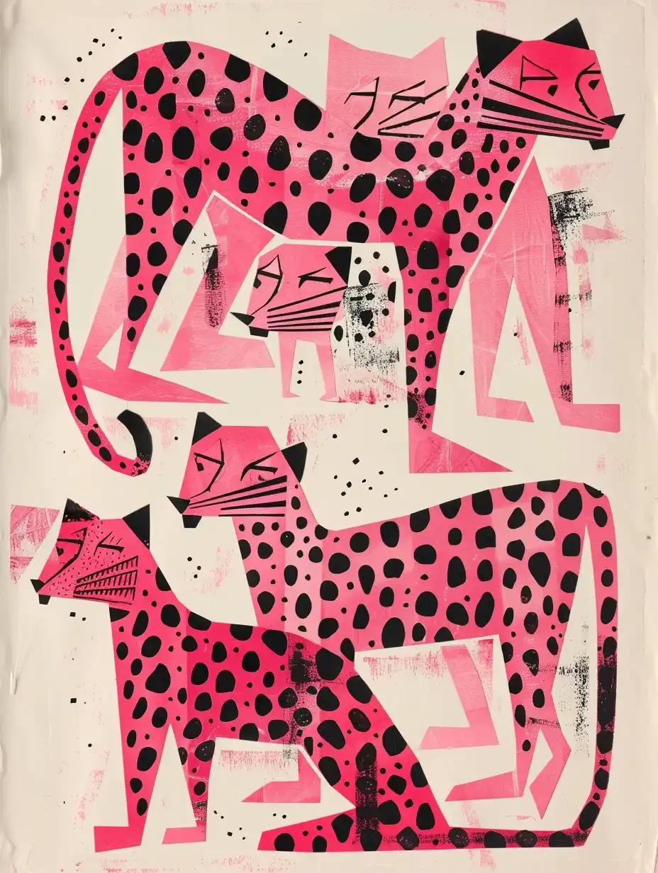 Pink Leopards Cut Paper Midjourney提示词