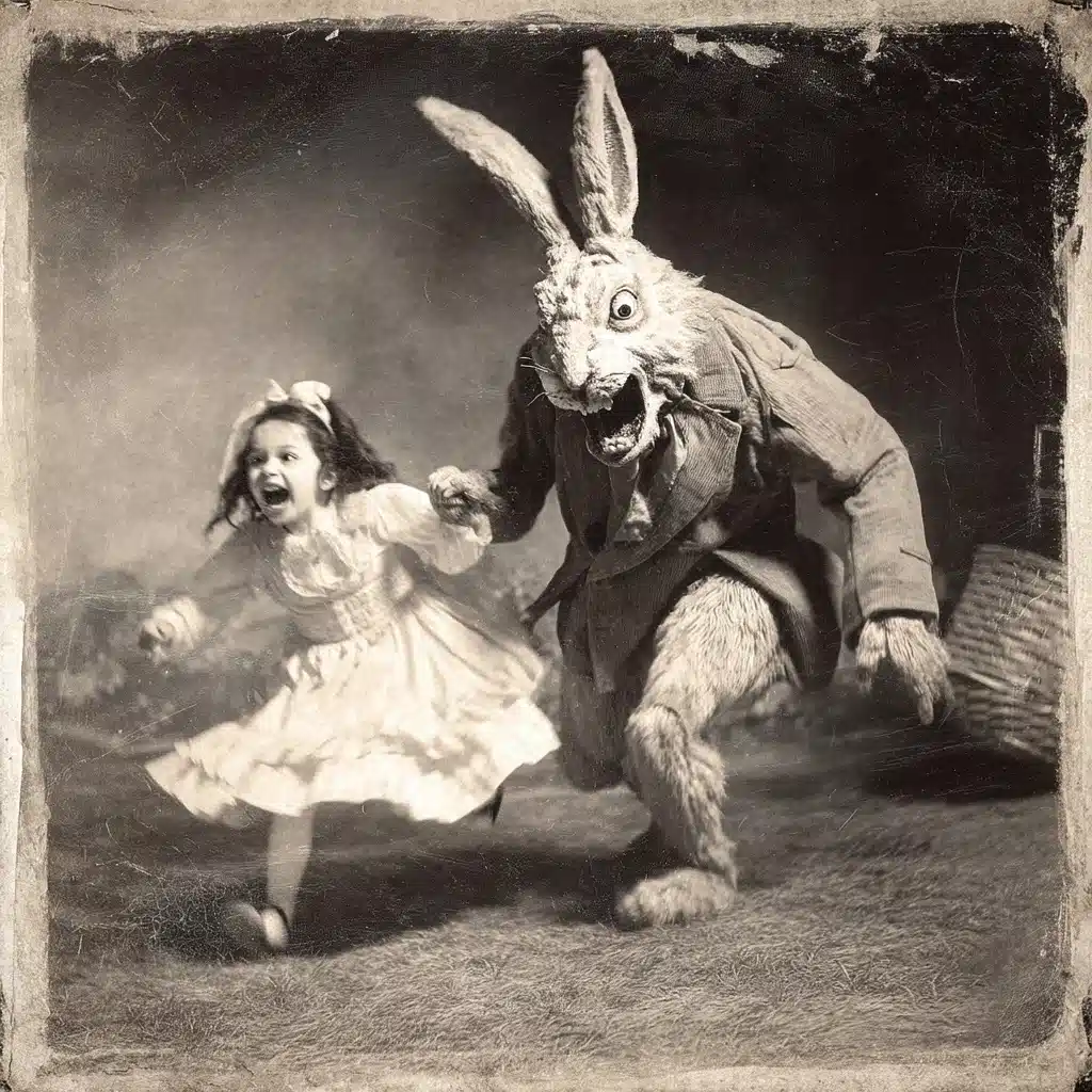 Vintage Photo Bunny Monster Chase Midjourney提示词