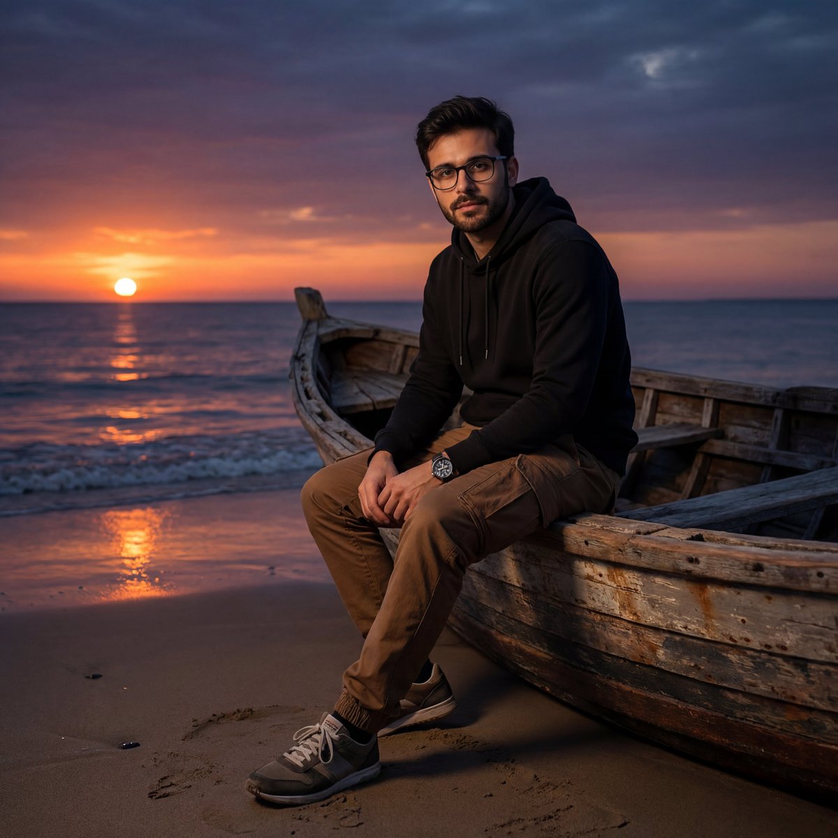 Photorealistic Portrait of Man at Sunset on Beach with Boat Nano Banana提示词