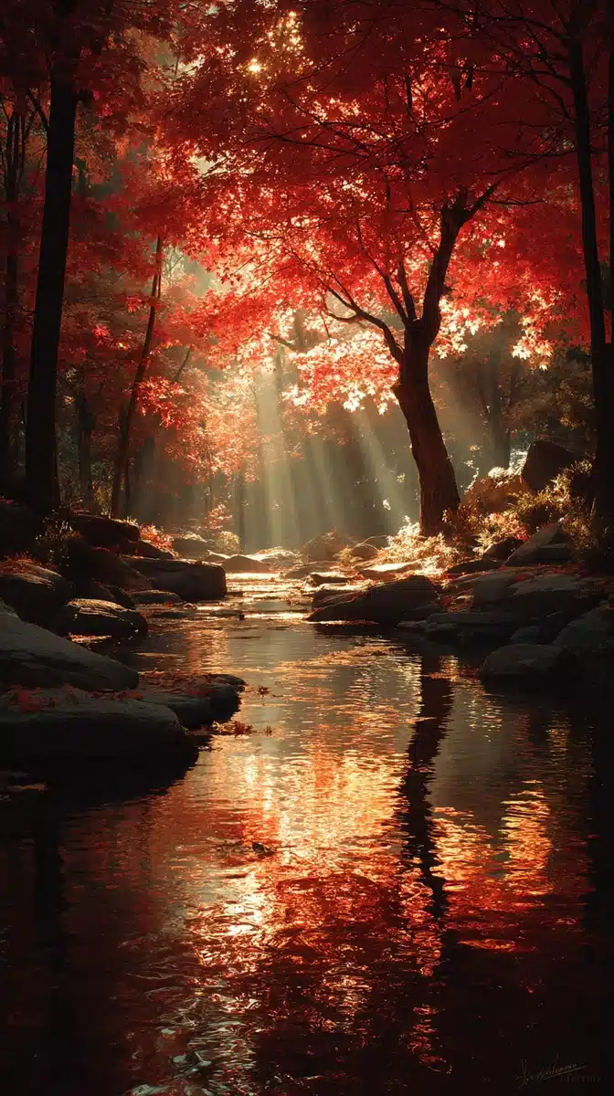 Surreal Autumn Forest Scene Midjourney提示词