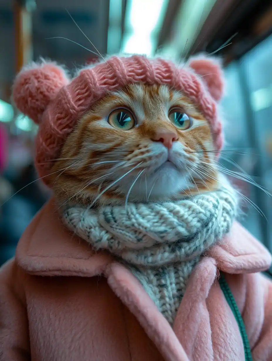 Lifelike Cat Boarding Bus Midjourney提示词