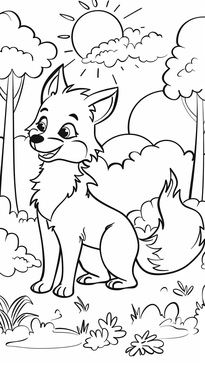 Cartoon Fox Coloring Page Midjourney提示词