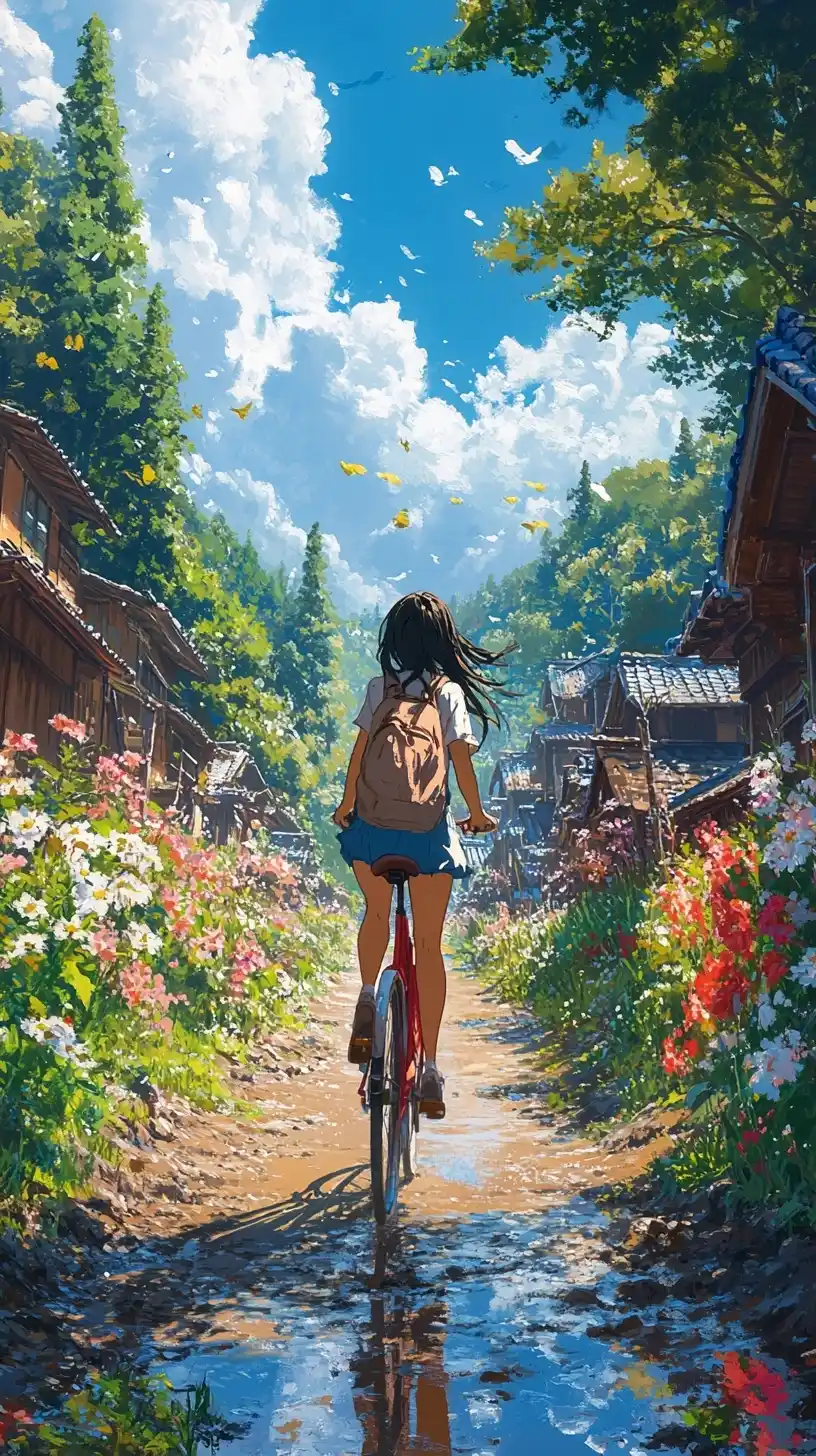 Miyazaki-Inspired Bicycle Scene Midjourney提示词