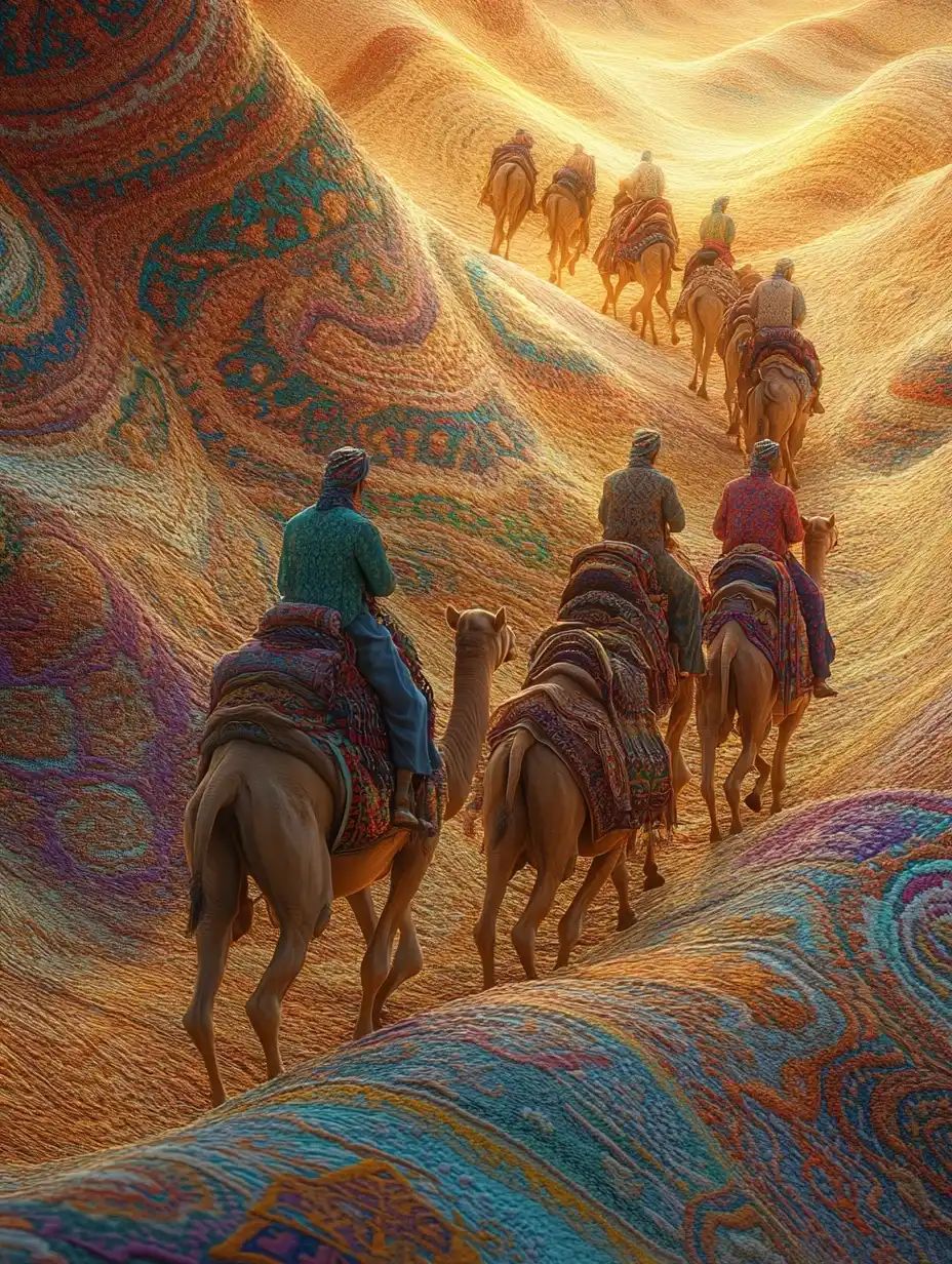 Camel Riders on Fabric Terrain Midjourney提示词