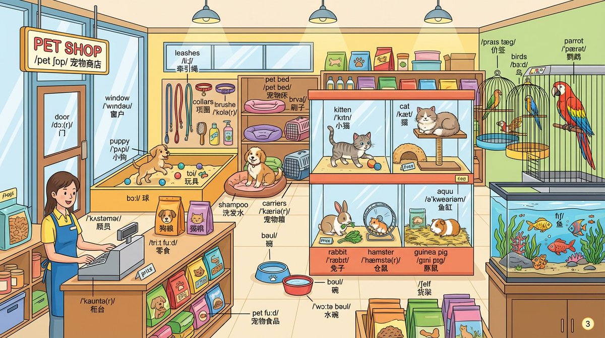 Cheerful Pet Shop Cartoon Illustration: Animals & Assistant Nano Banana提示词