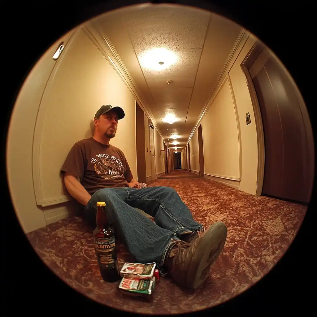 Fisheye Steve Austin Outside Hotel Midjourney提示词