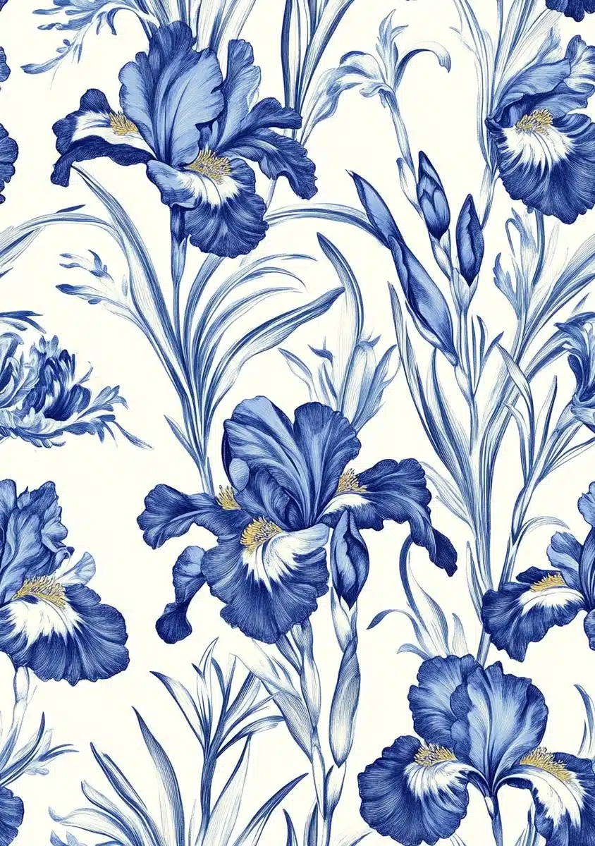 Chinoiserie Irises in Blue Midjourney提示词