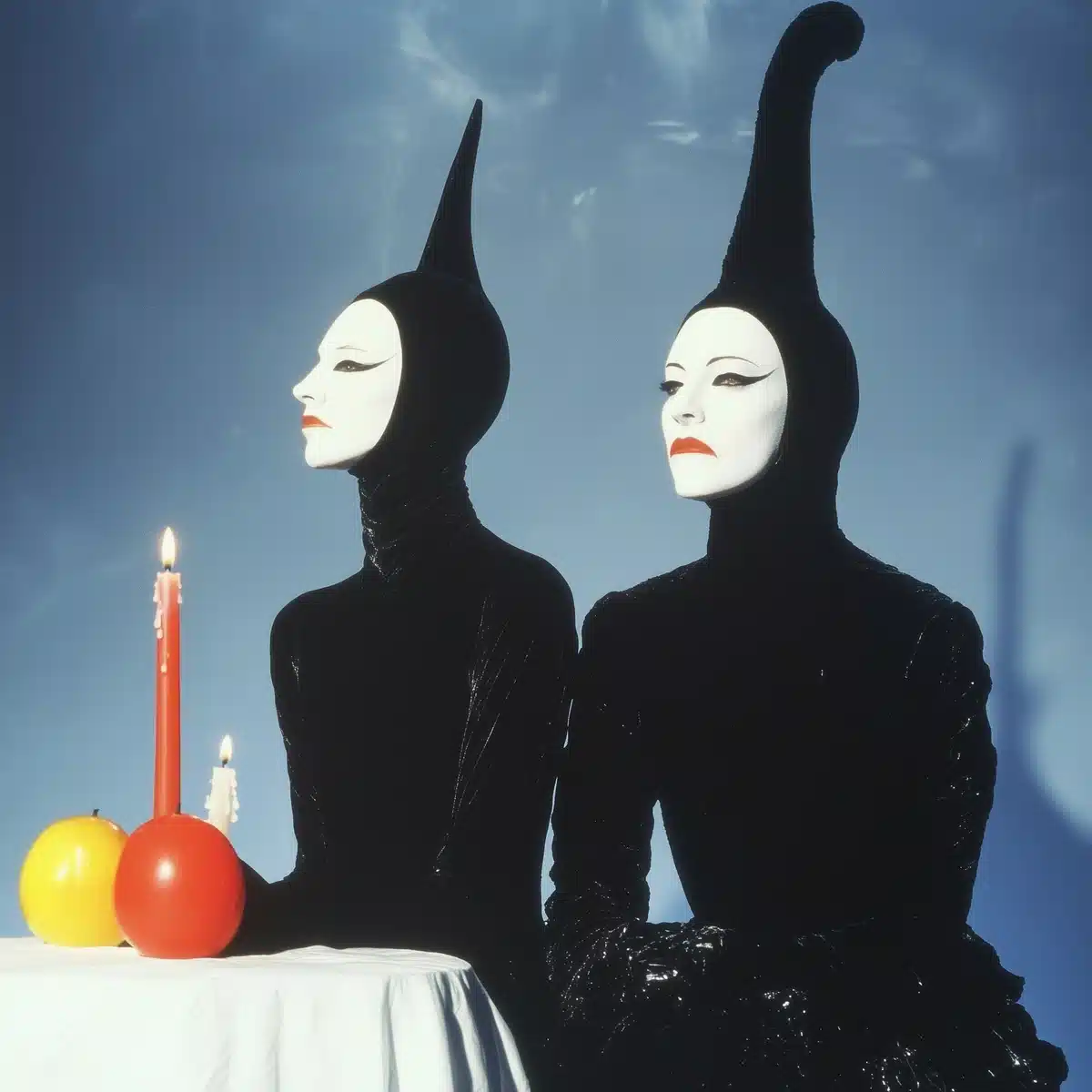 Extravagant Costumed Figures at Candlelit Table Midjourney提示词