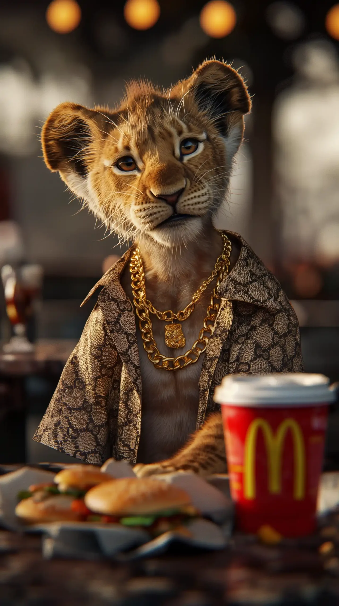 Realistic Simba with Gucci Shirt Midjourney提示词