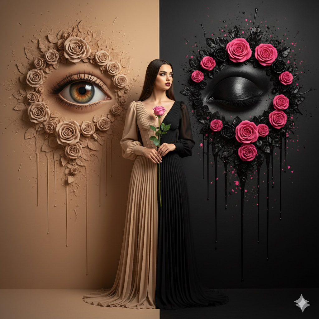 Dualism Fashion Photography: Woman, Rose, Eyes, Contrast Nano Banana提示词