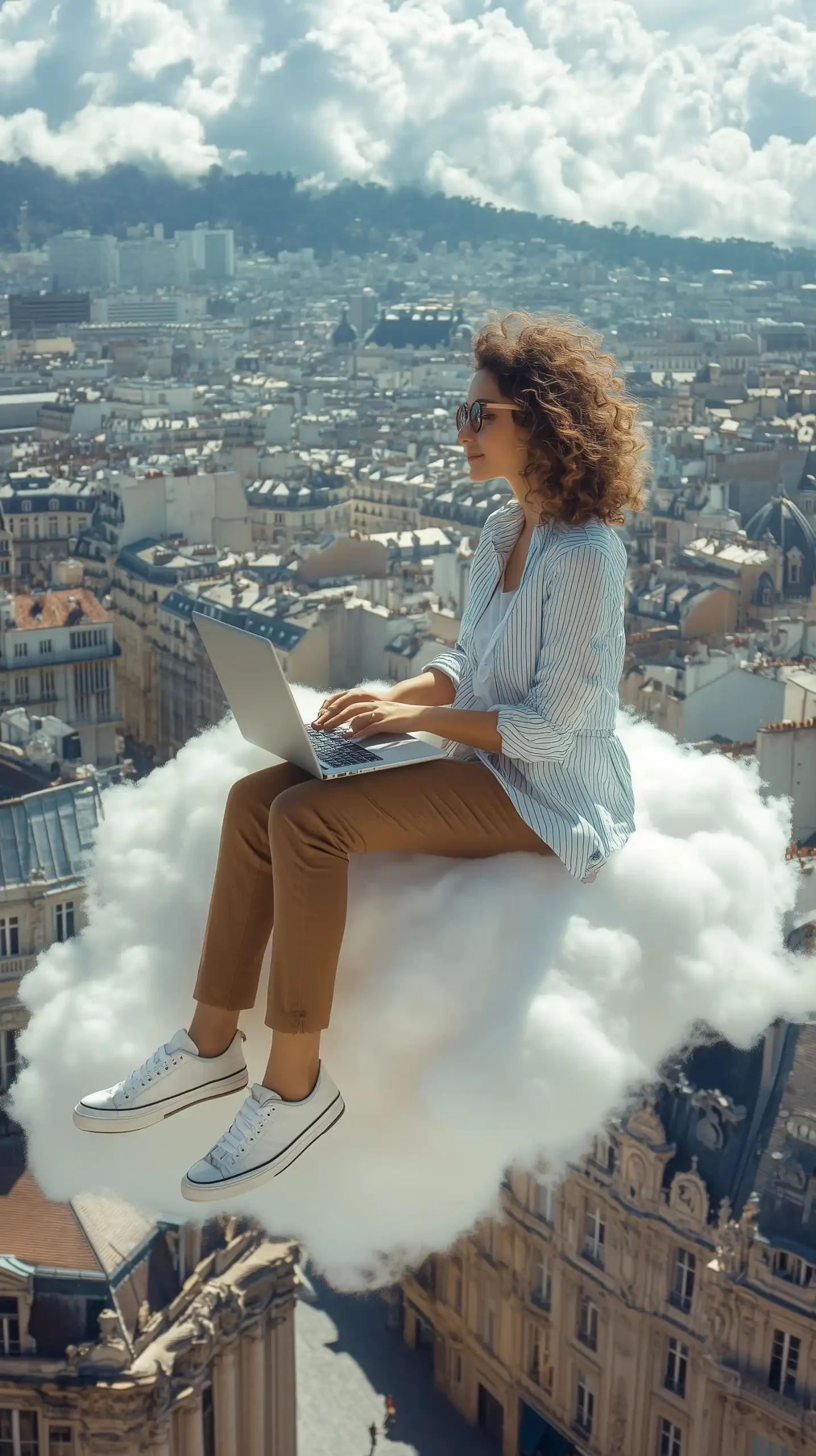 Businesswoman on Cloud Laptop Midjourney提示词