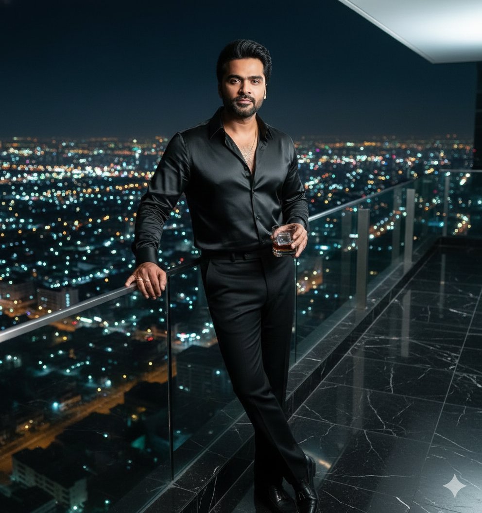 Elegant Man in Black on Urban Balcony | Night City Fashion Nano Banana提示词