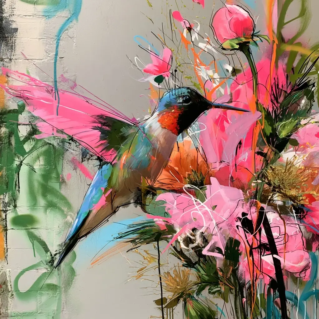 Graffiti Hummingbird Flower Bouquet Midjourney提示词