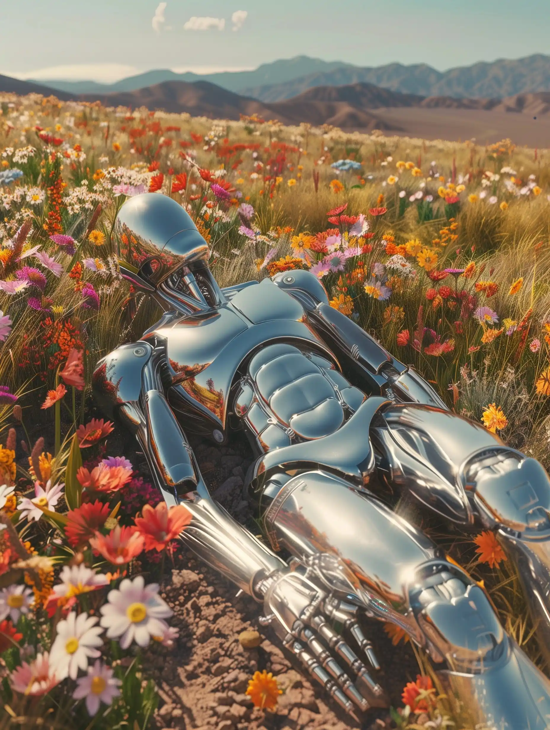 Chrome Man in Flower Desert Midjourney提示词