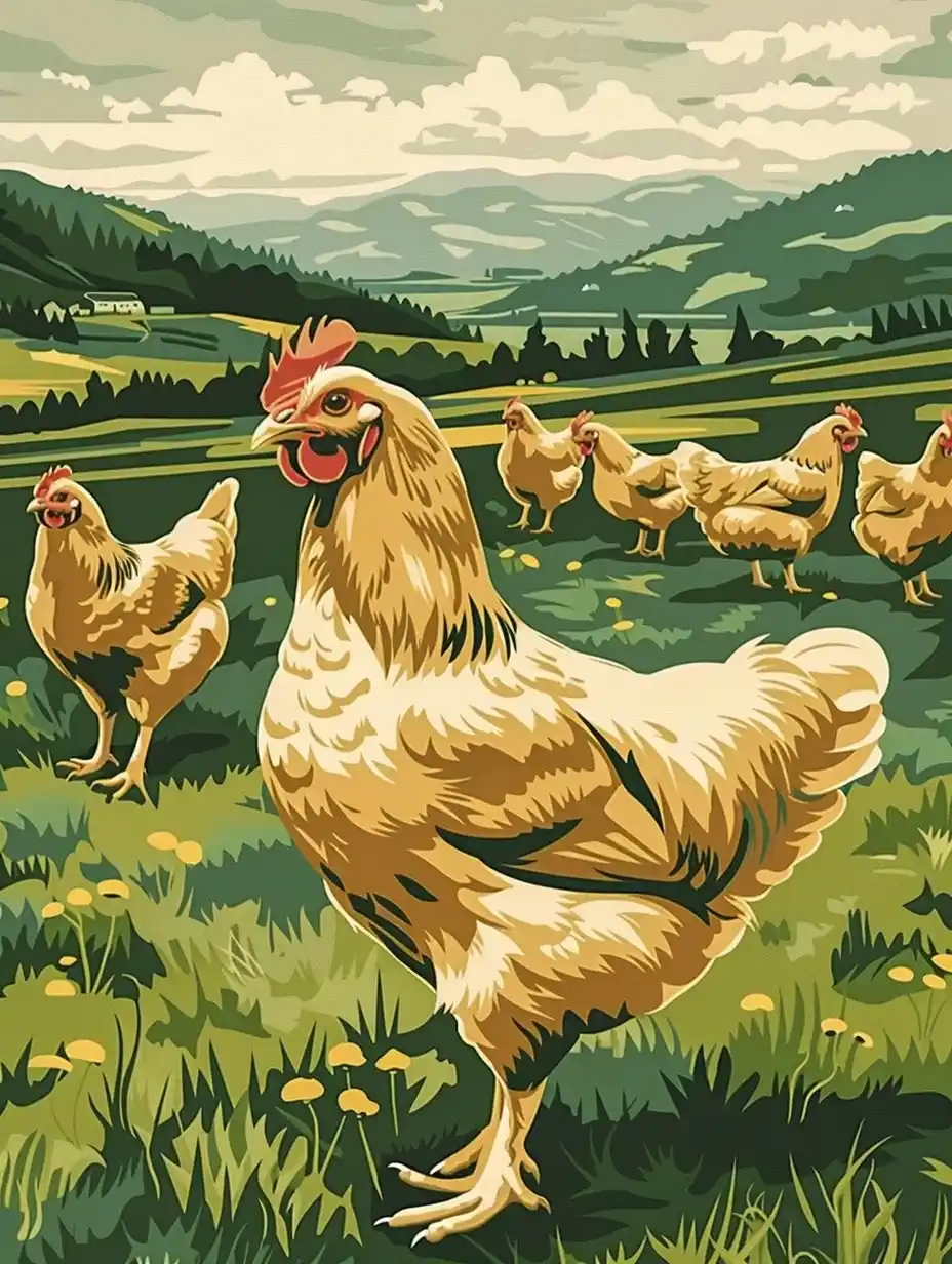 Clean Chicken Meadow Scene Midjourney提示词
