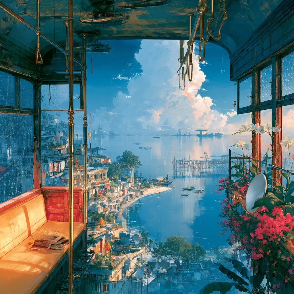 Retrofuturistic Island Tram Interior Midjourney提示词