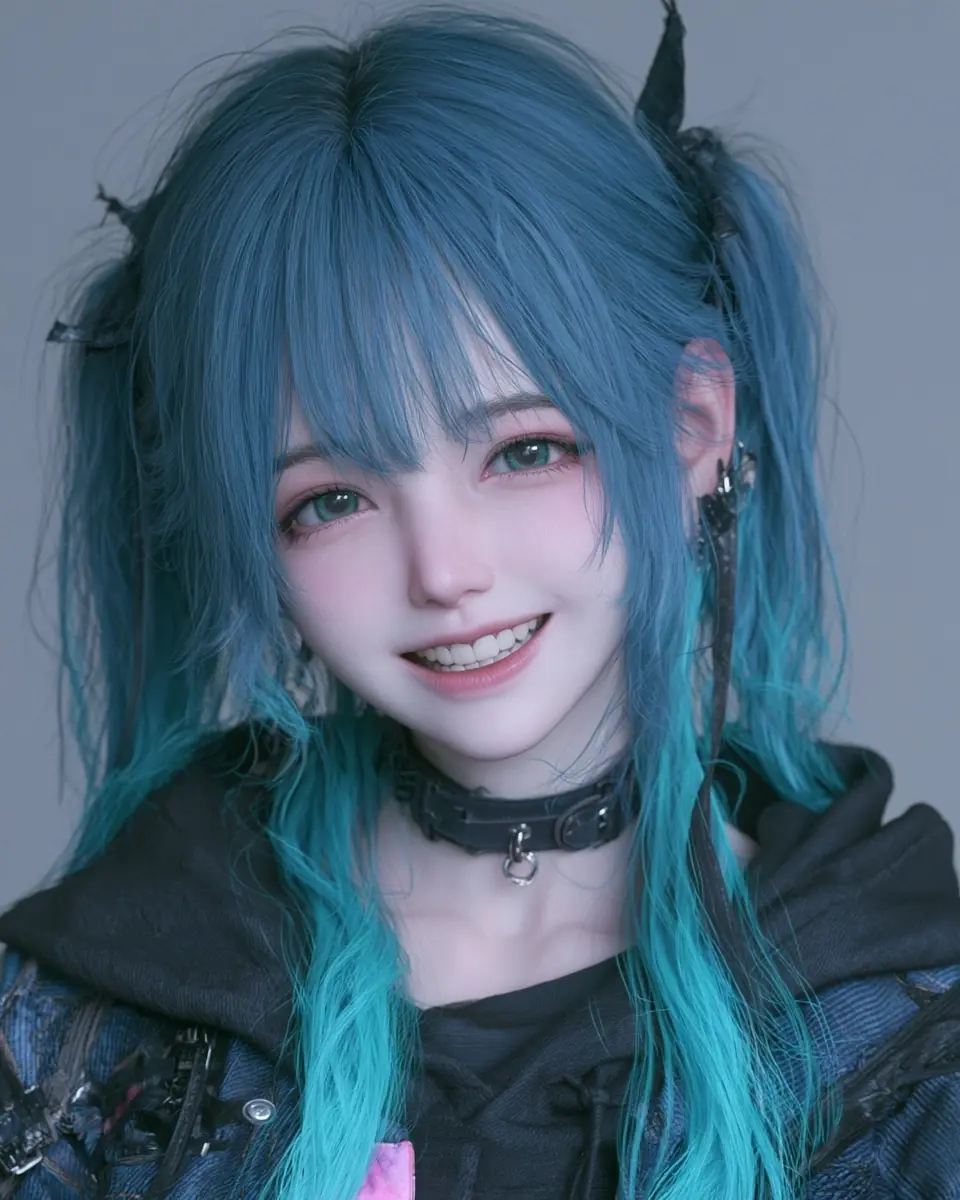 Smiling Blue Haired Girl Midjourney提示词