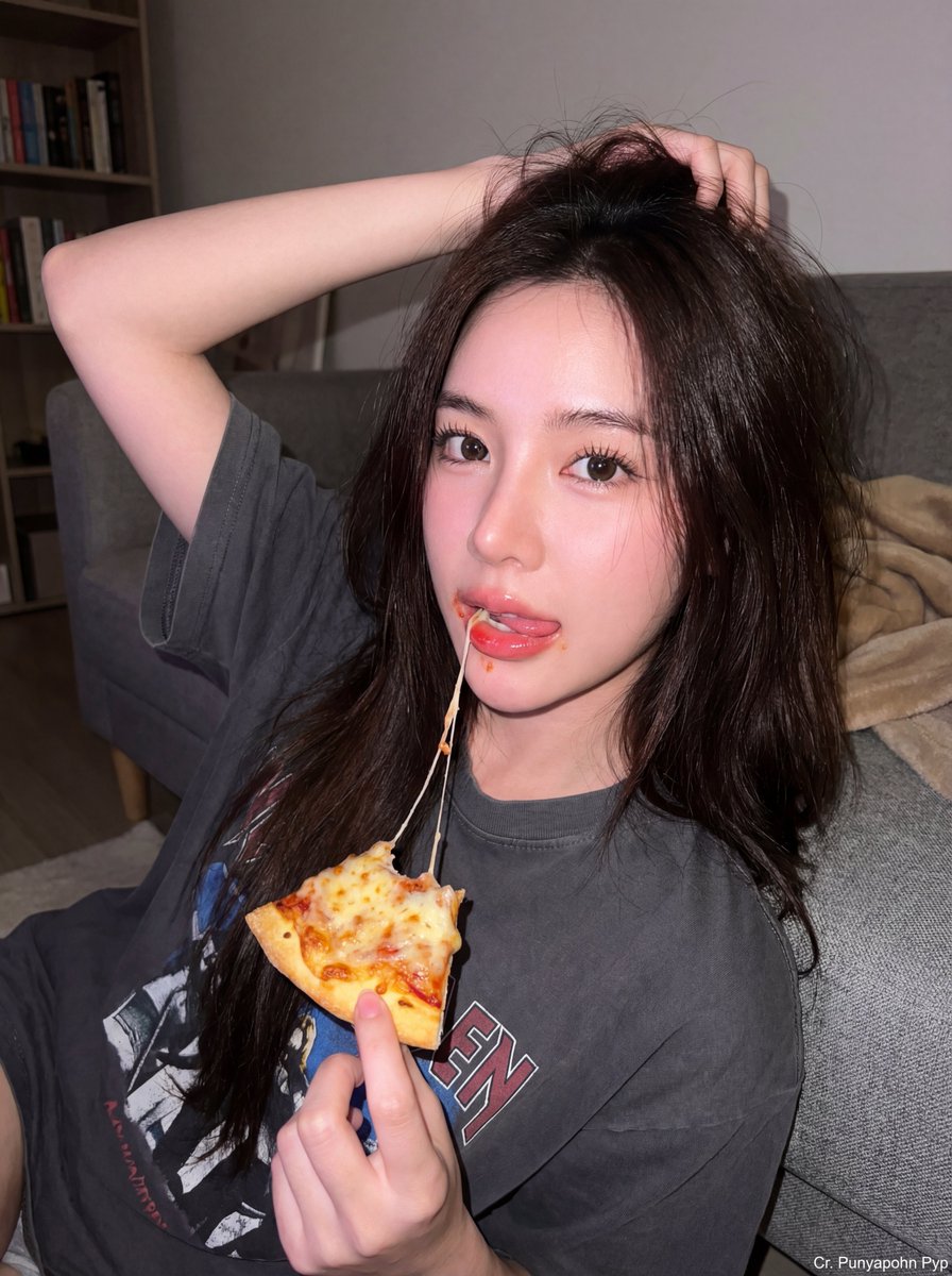 Playful Young Woman Eating Pizza - Photorealistic Portrait Nano Banana提示词