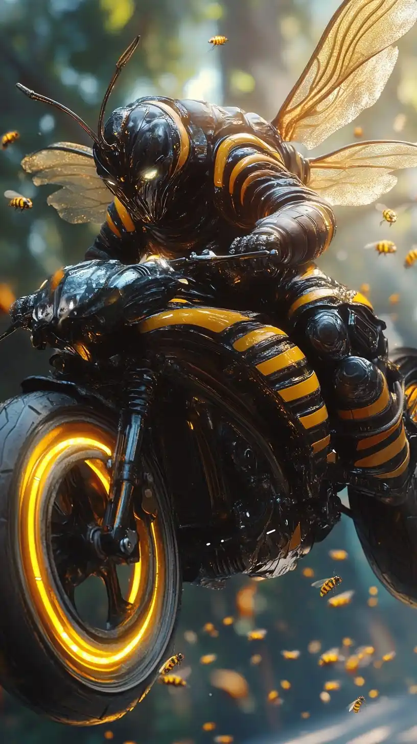 Bee Humanoid on Motorcycle Midjourney 提示词生成效果