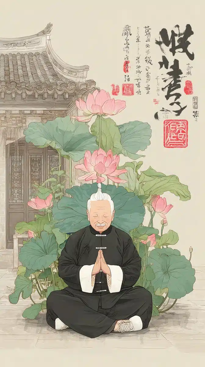Elderly Man with Lotus Midjourney提示词