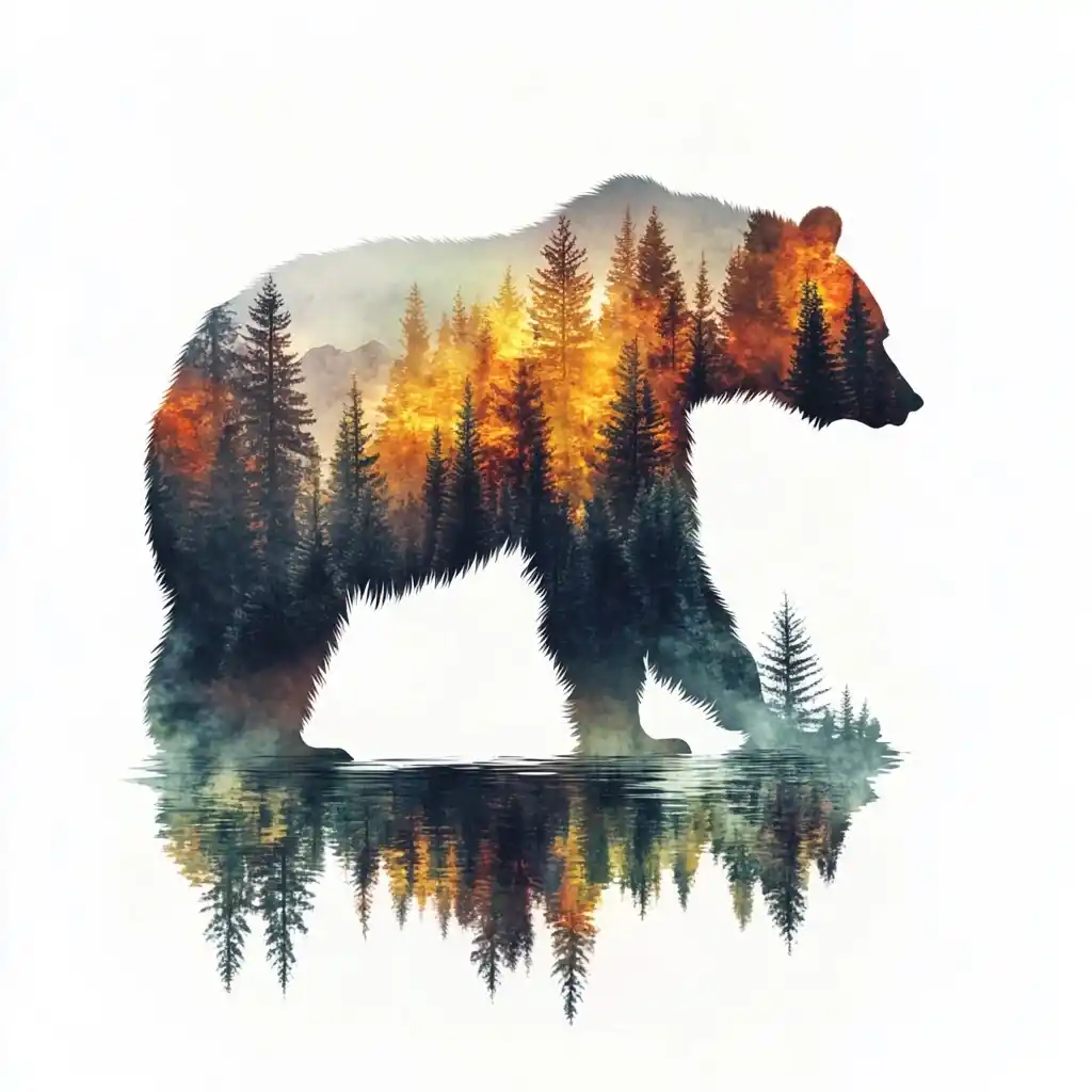 Double-Exposure Bear Illustration Midjourney提示词