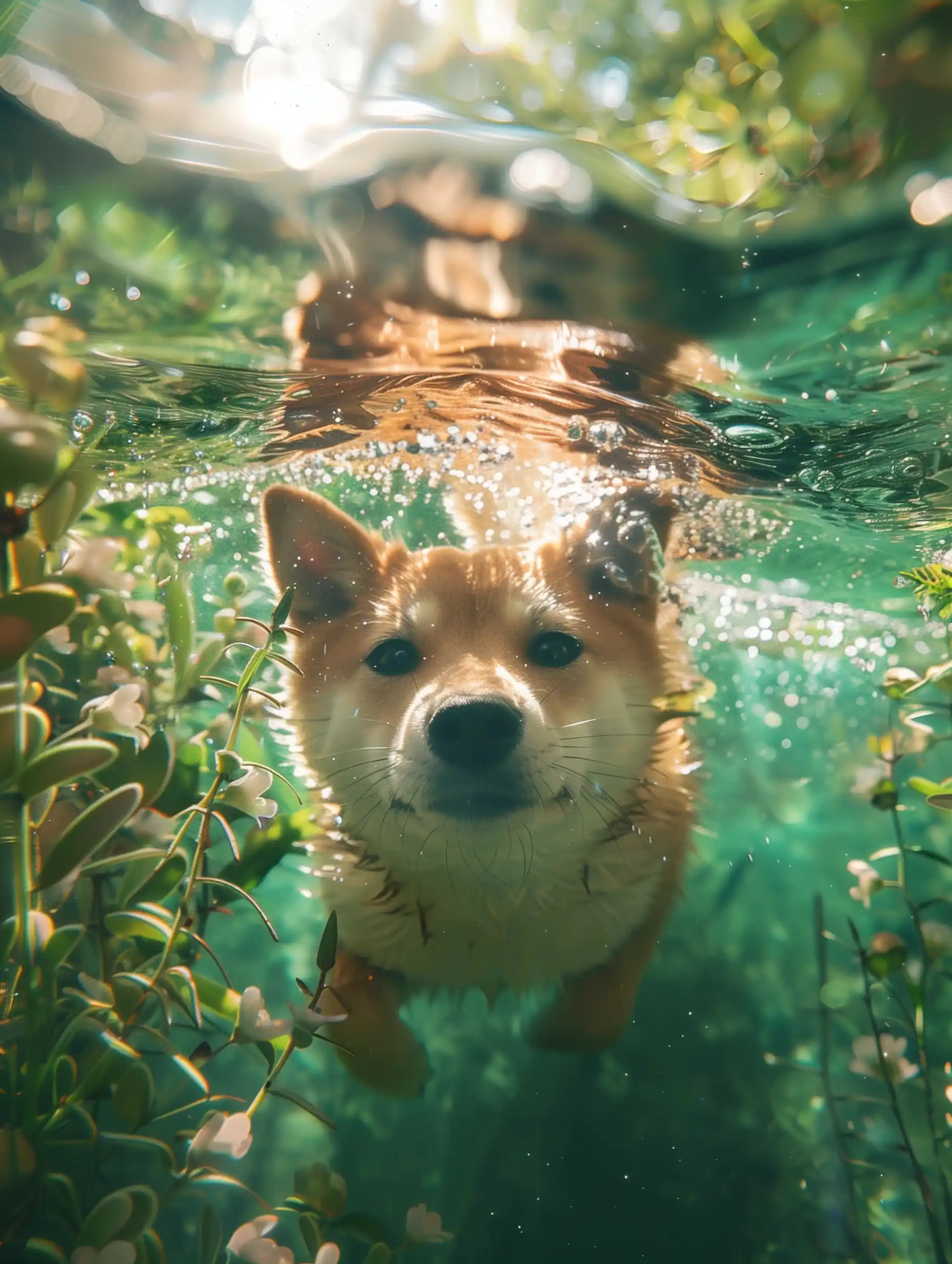 Playful Shiba Pond Scene Midjourney提示词