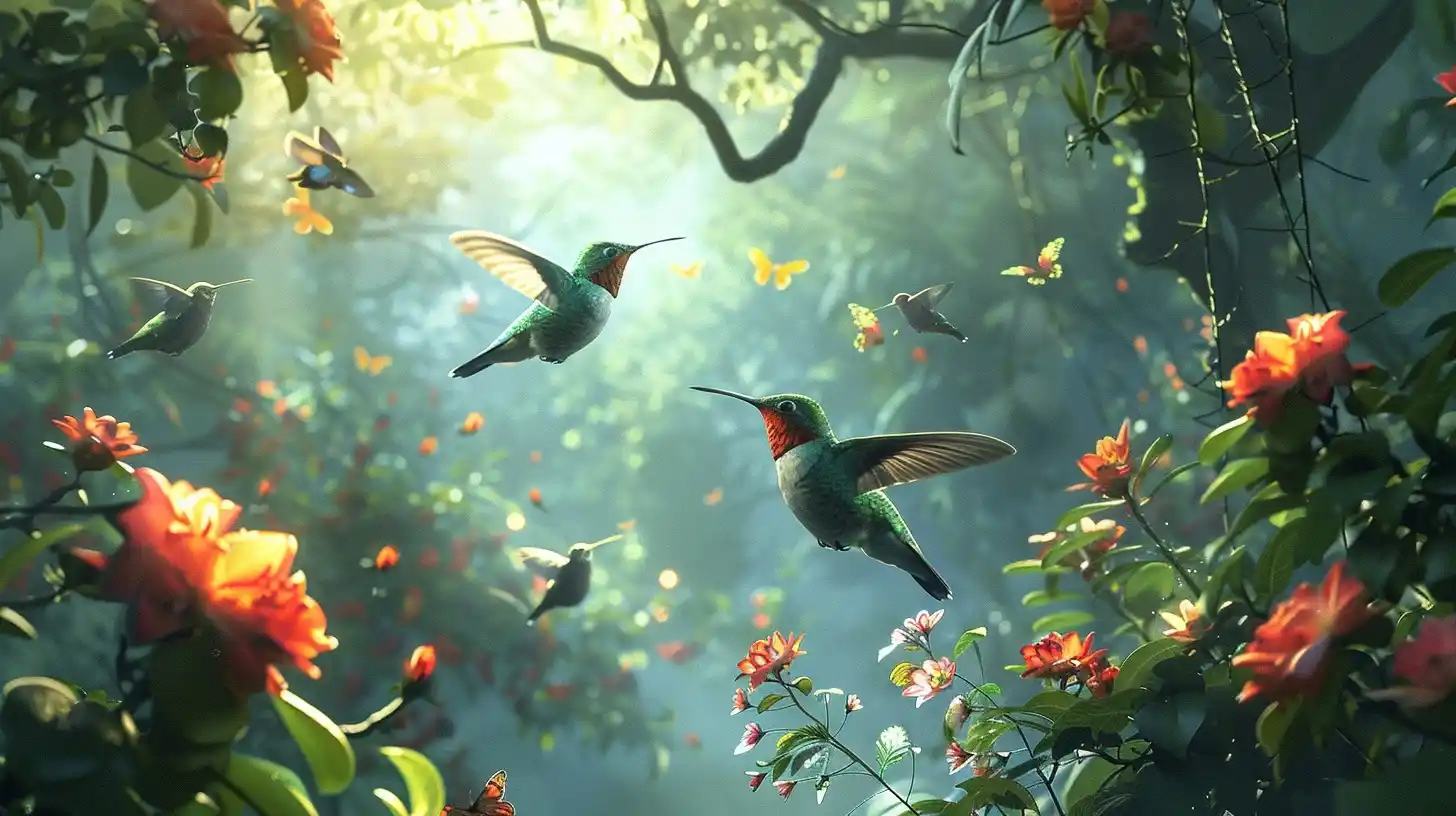 Nature Harmony Hummingbirds Butterflies Midjourney提示词