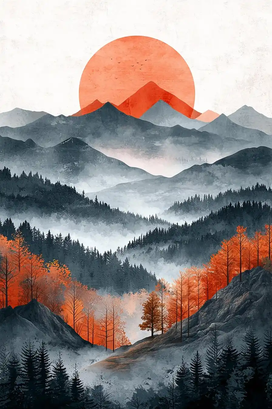 Minimalist Pastel Mountains Illustration Midjourney提示词