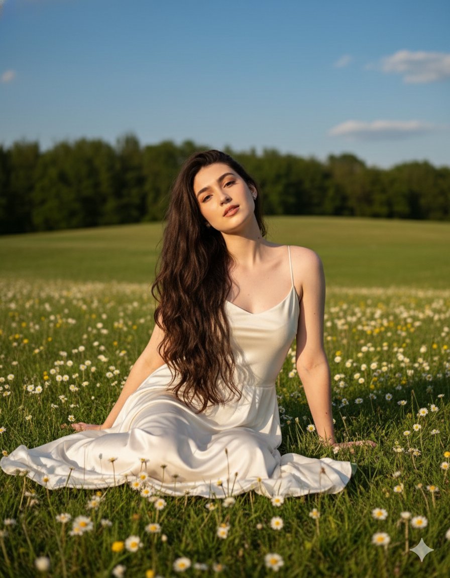 Serene Woman Portrait in Summer Flower Field Slip Dress Nano Banana提示词