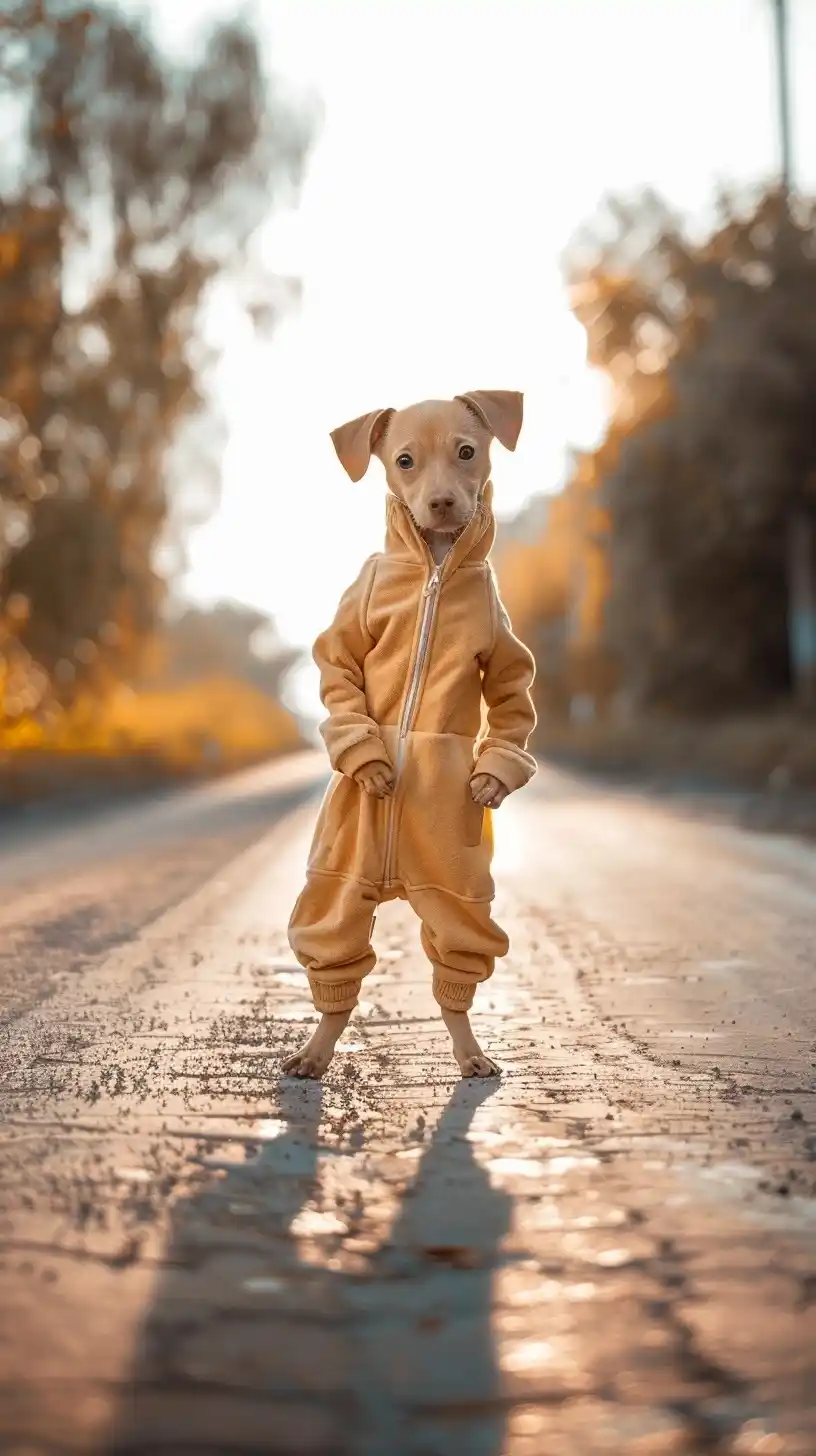 Jumpsuit Dog on Road Midjourney提示词
