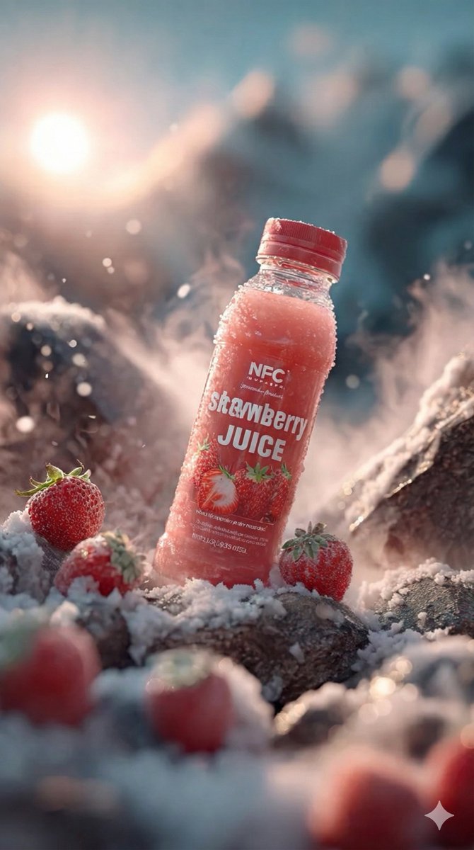Refreshing Strawberry Juice Bottle in Snowy Winter Scene Nano Banana提示词