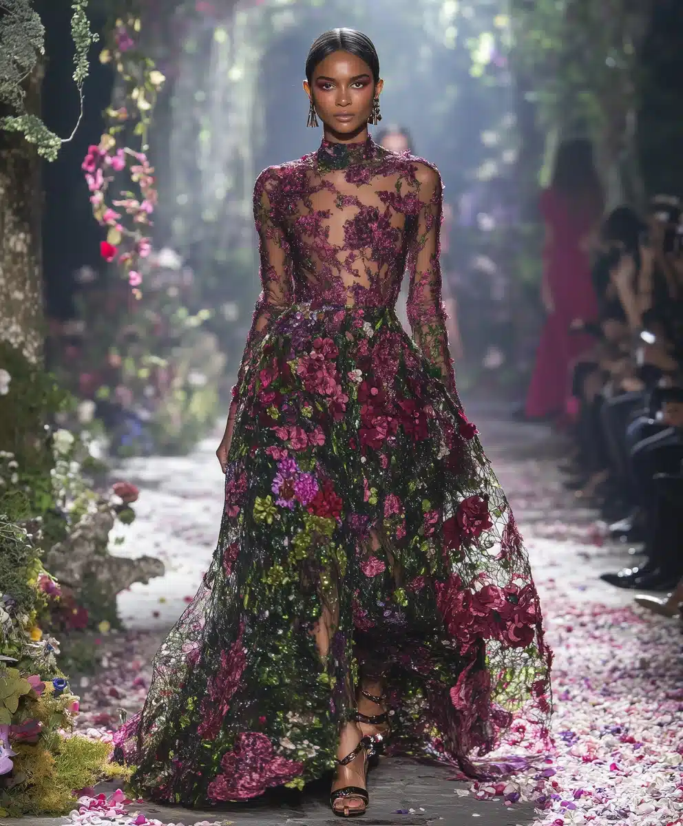 High-Fashion Model in Garden Midjourney提示词