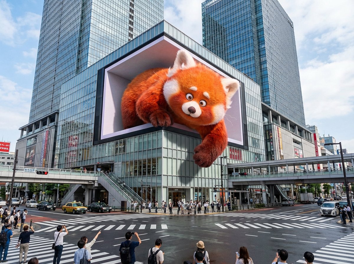 Giant 3D Red Panda Digital Billboard in Urban Cityscape Nano Banana提示词
