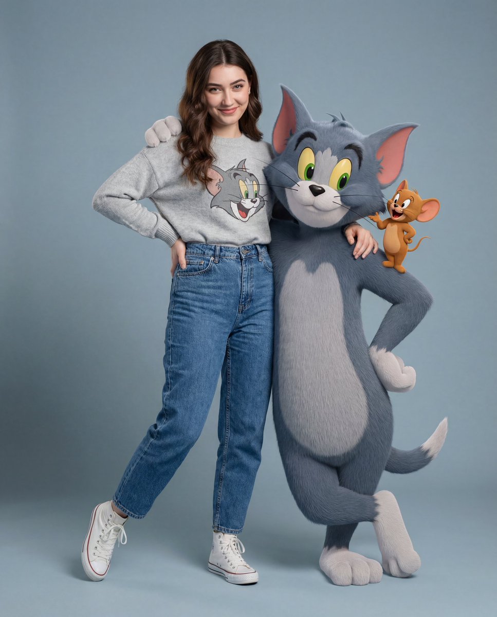 Woman with Tom and Jerry Characters Fashion Portrait Nano Banana提示词