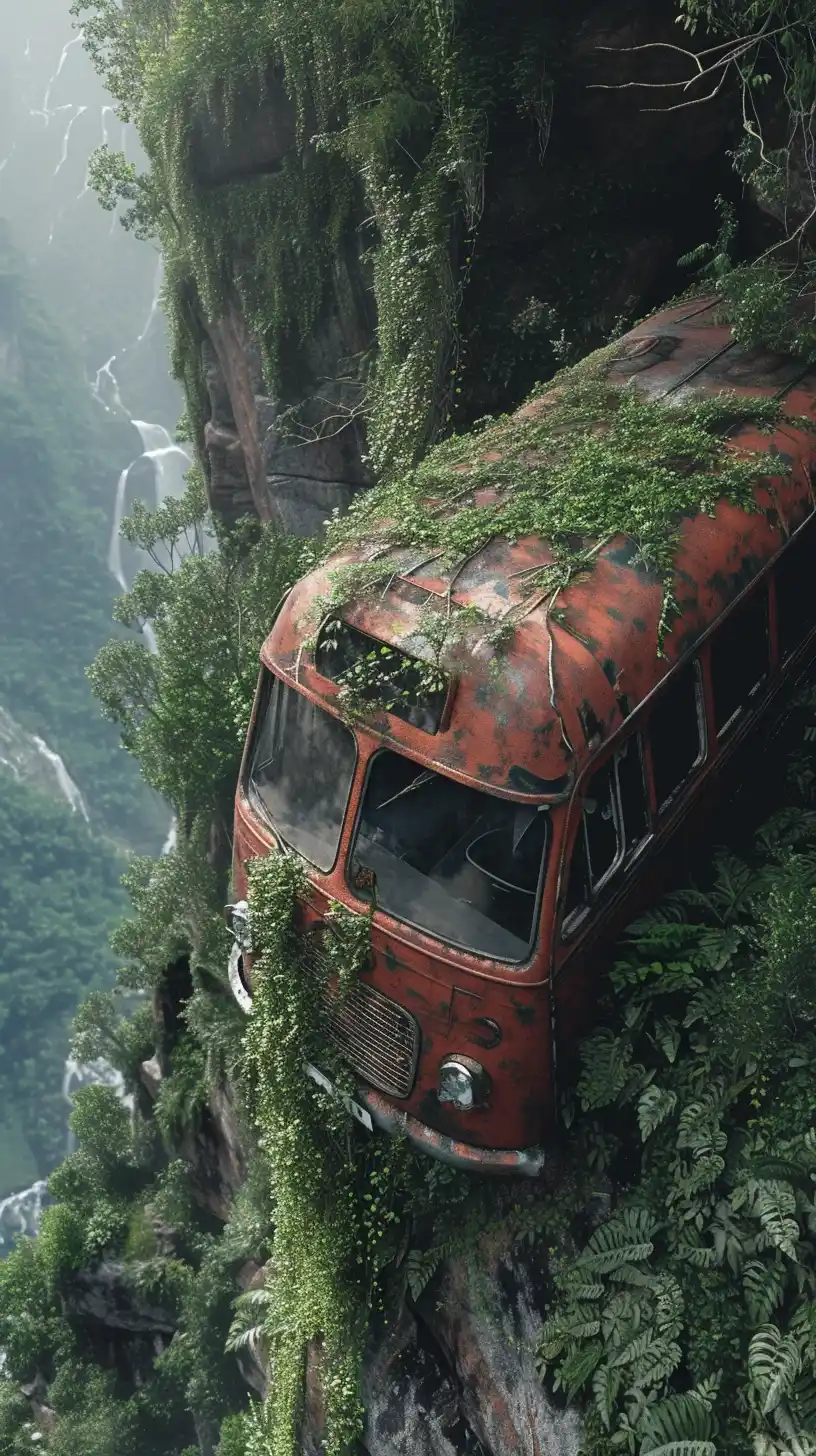 Detailed Cliffside Bus Midjourney提示词
