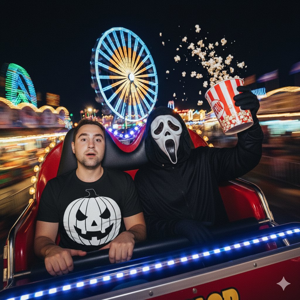 Night Carnival Fun: Ghostface, Popcorn, Halloween Ride Nano Banana提示词