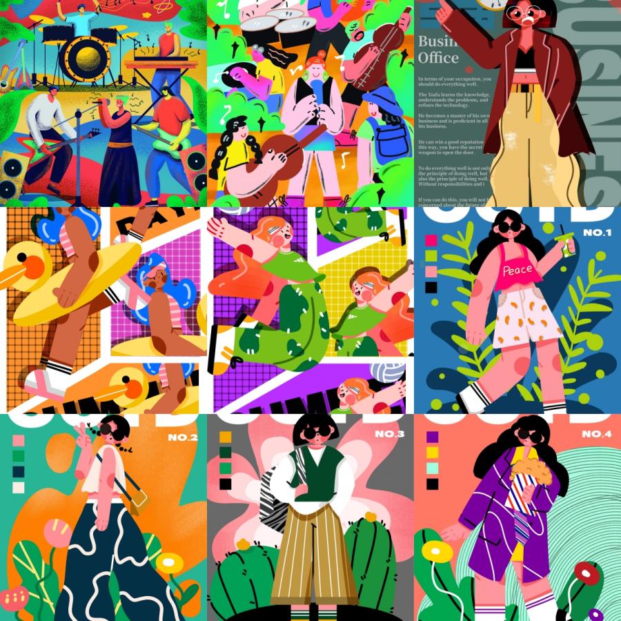 潮流趣味艺术节音乐节扁平人物插画色彩丰富穿搭运动插画设计素材