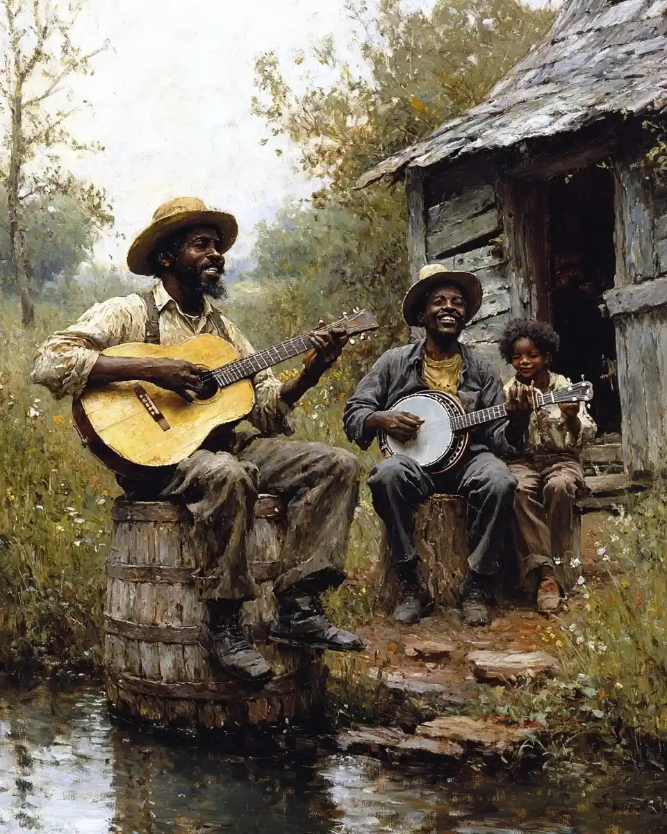 Rembrandt-Style Musicians Outdoors Midjourney提示词